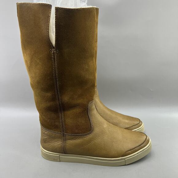 Frye Gemma Tall Shearling Boots Women Size 6.5 Brown Mid Calf 12" Comfort Shoes - Picture 1 of 9